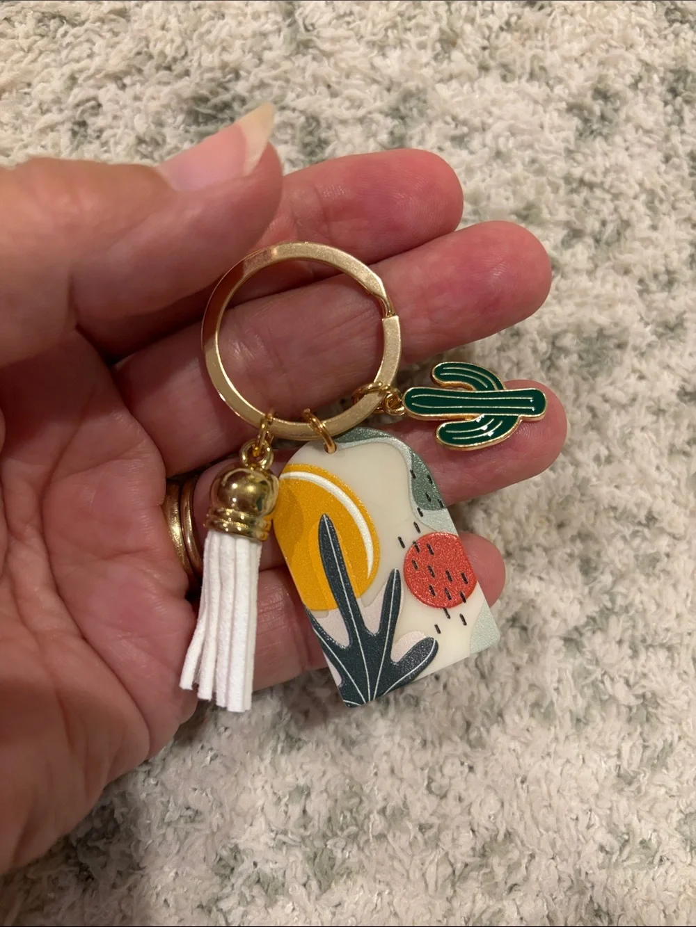 Bohemian Southwest Desert White Tassel Cactus Keychain Bag Charm NWT 2.5”